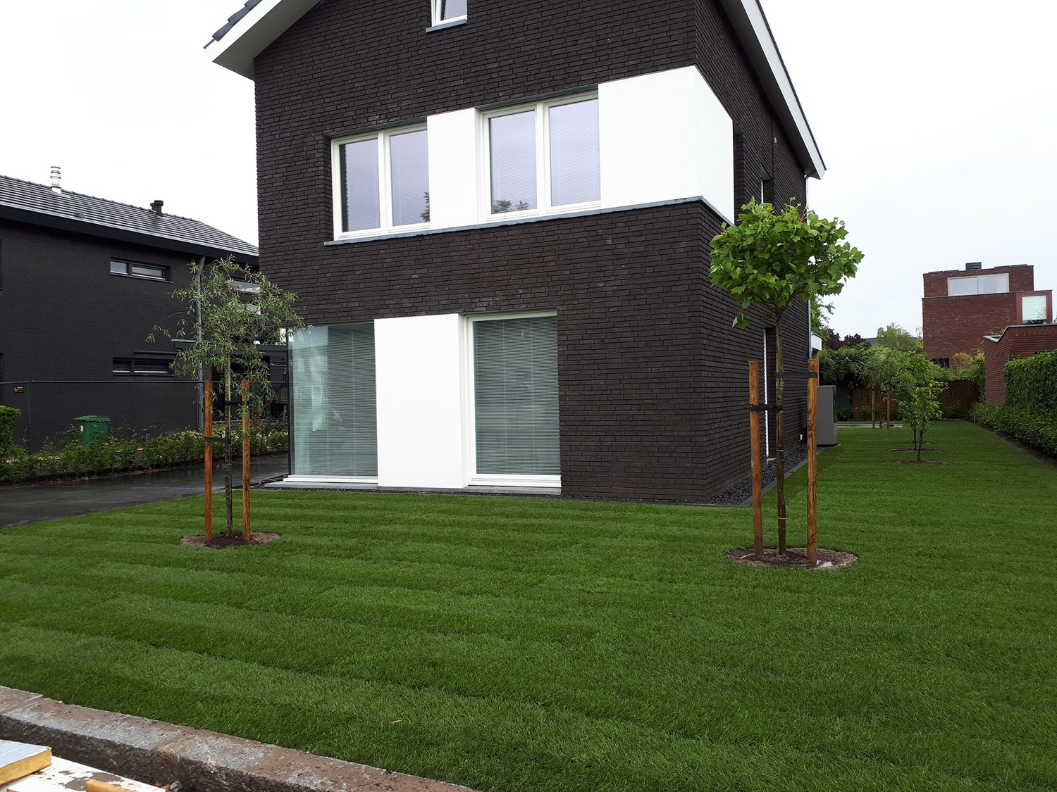 Oprit en voortuin met gazon
